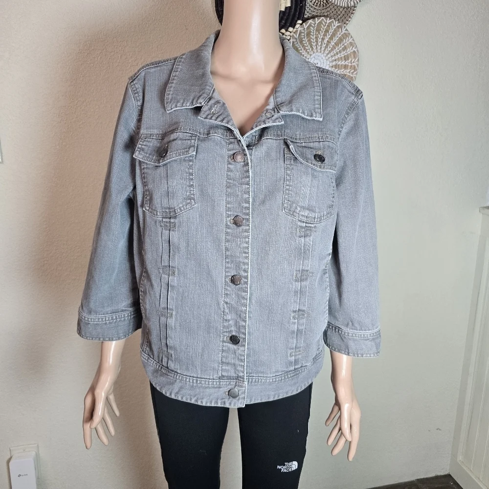 J Jill Denim Jacket Women's Xl Cotton Stretch Gray Button 3/4 Sleeve - Picture 6 of 11